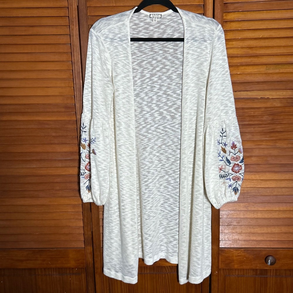 Eyeshadow Women Boho Cream Long Cardigan Floral Embroidered‎ Balloon Sleeve
